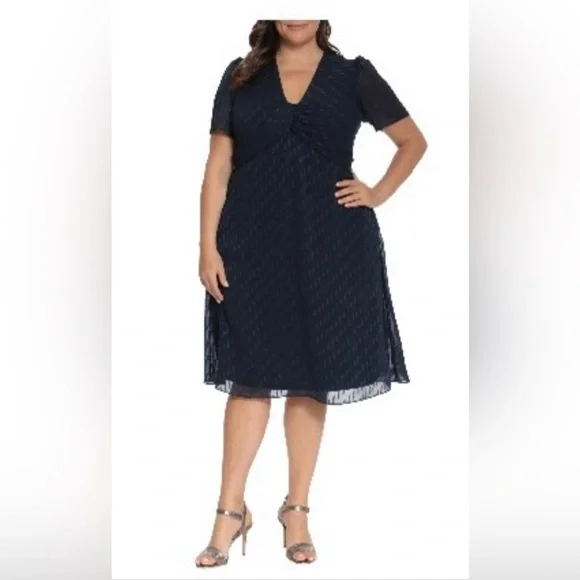 London Times | Dresses | London Times Navy Womens Twist Bodice Vneck Fit  And Flare Mididress Sz 8w | Poshmark